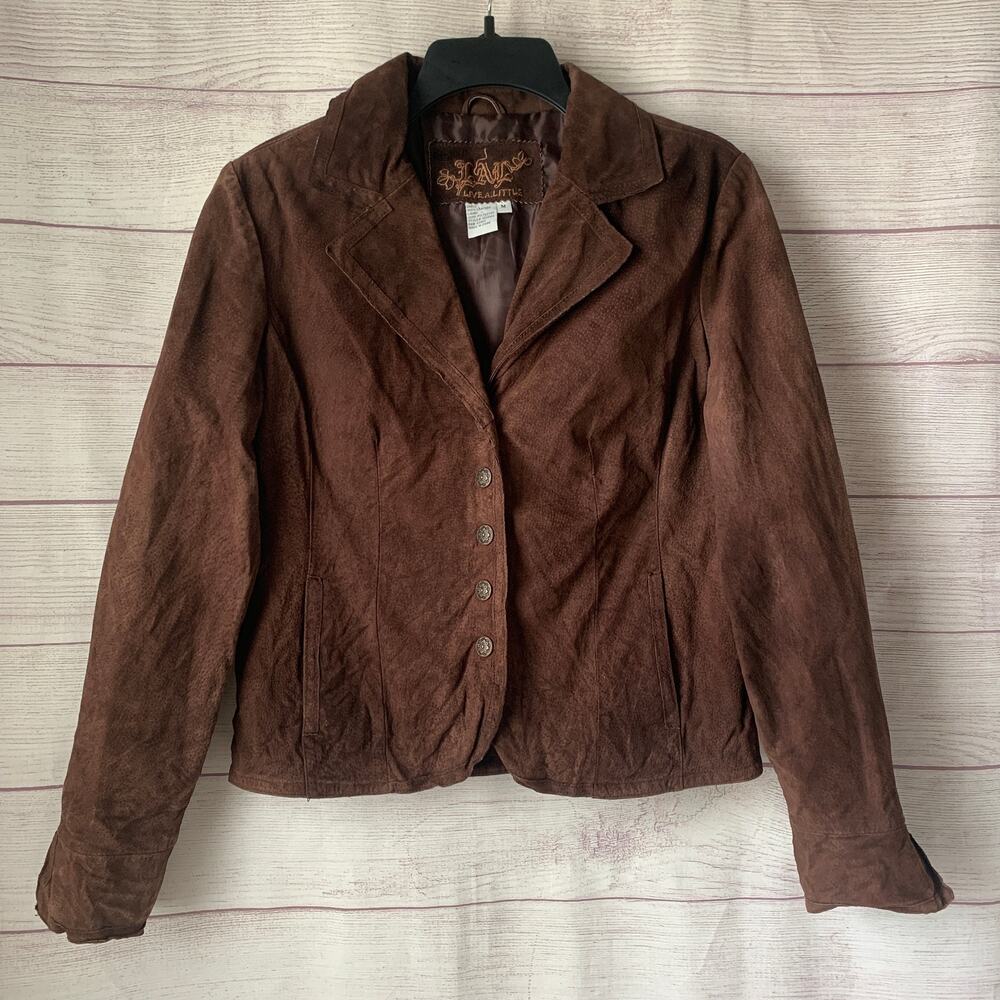 LAL Live A Little Brown Suede Leather Button Up Jacket Blazer Long Sleeve Size M